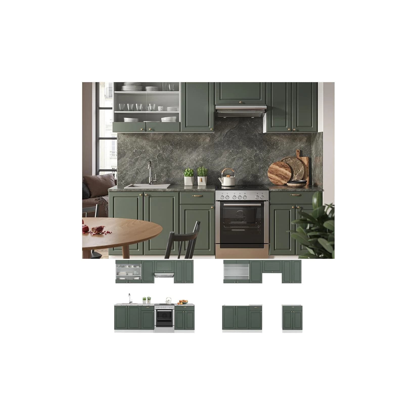 Vicco Küchenzeile Fame-Line Landhaus Weiß Grün Gold 240 cm