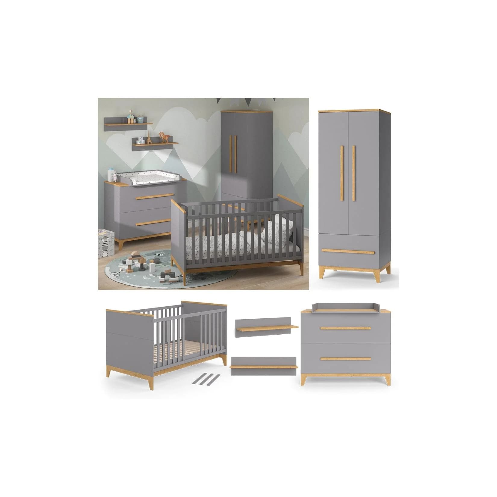 VitaliSpa Babymöbel Set Malia Grau Eiche Wickelkommode Kinderbett Kleiderschrank