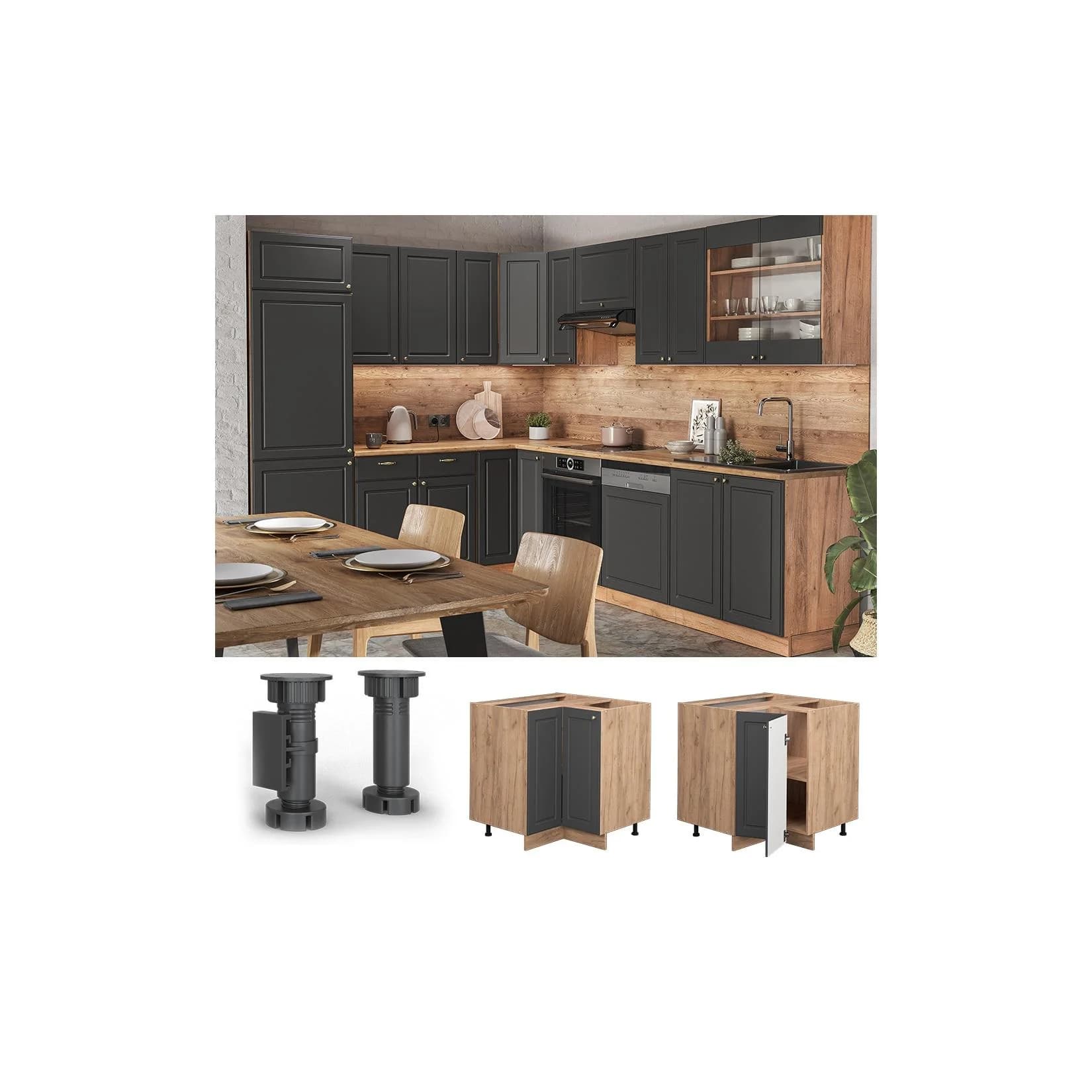 Vicco Eckunterschrank Fame-Line Eiche Anthrazit-Gold Landhaus 87 cm