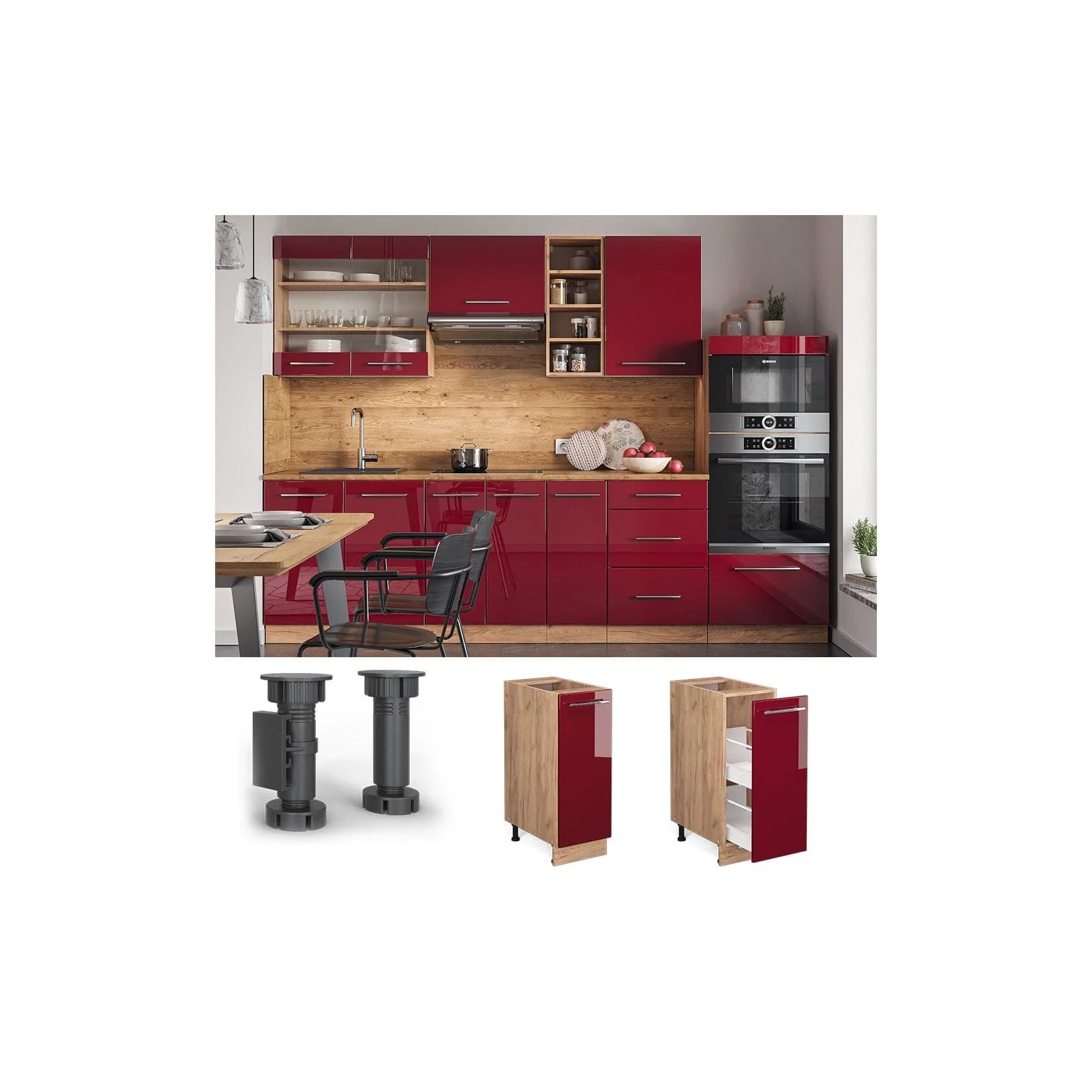 Vicco Apothekerunterschrank Fame-Line Eiche Rot Bordeaux Hochglanz Küchenschrank