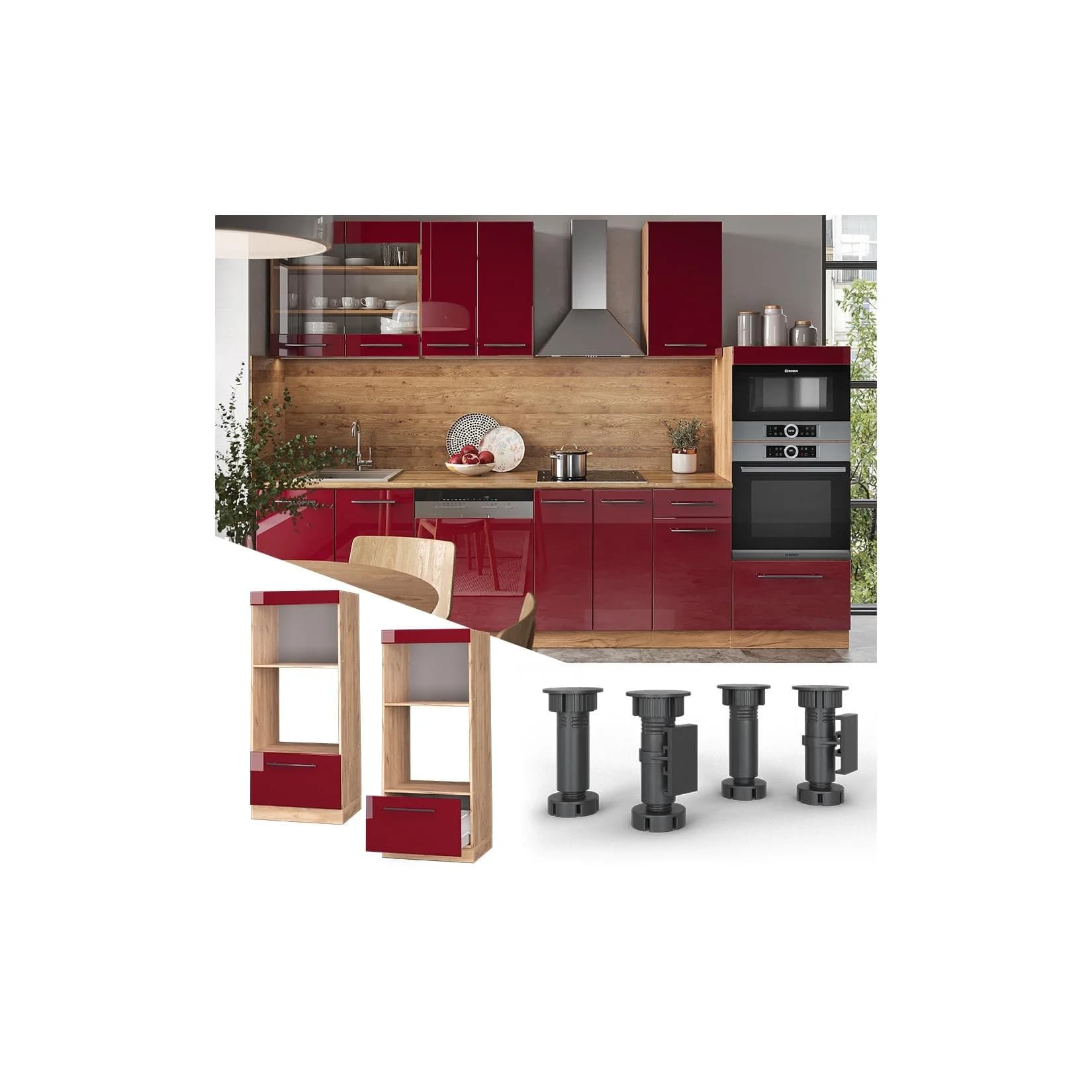 Vicco Mikrowellenumbauschrank Fame-Line Eiche Rot Bordeaux Hochglanz