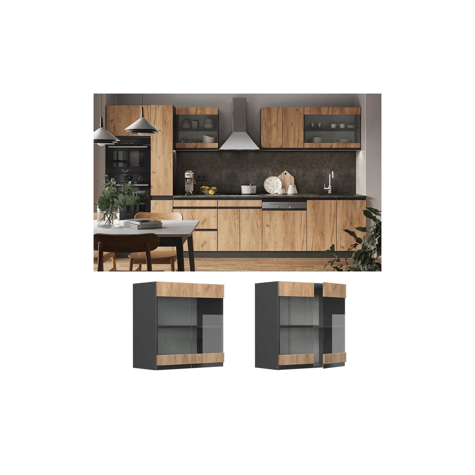 Vicco Glashängeschrank R-Line Anthrazit Goldkraft Eiche 60 cm