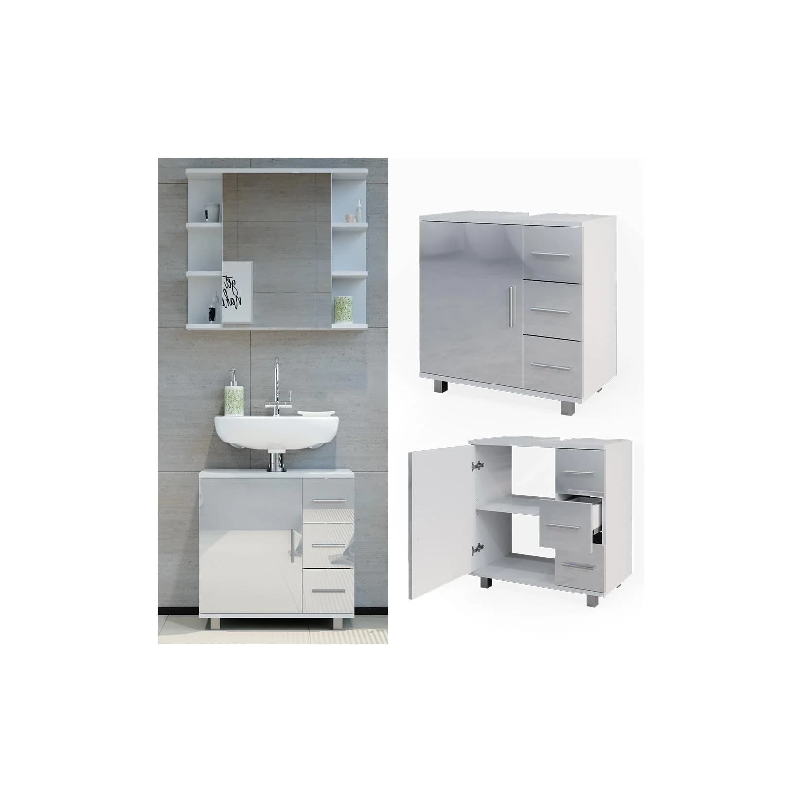 Vicco Waschbeckenunterschrank Ilias Weiß Hochglanz Modern