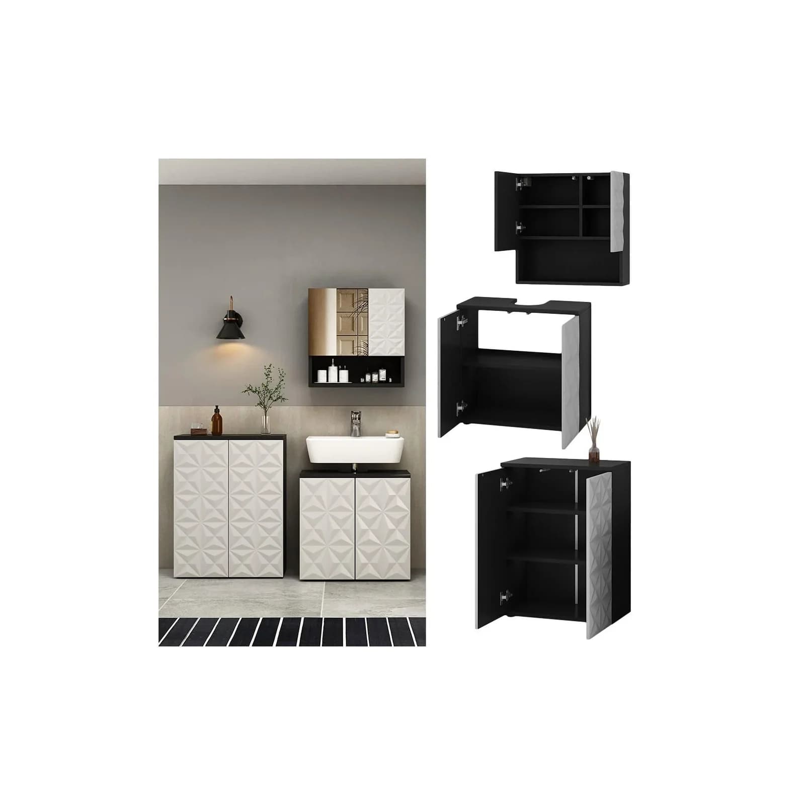 Vicco Badmöbel-Set Edge Schwarz Weiß Push-to-Open Badezimmerschrank