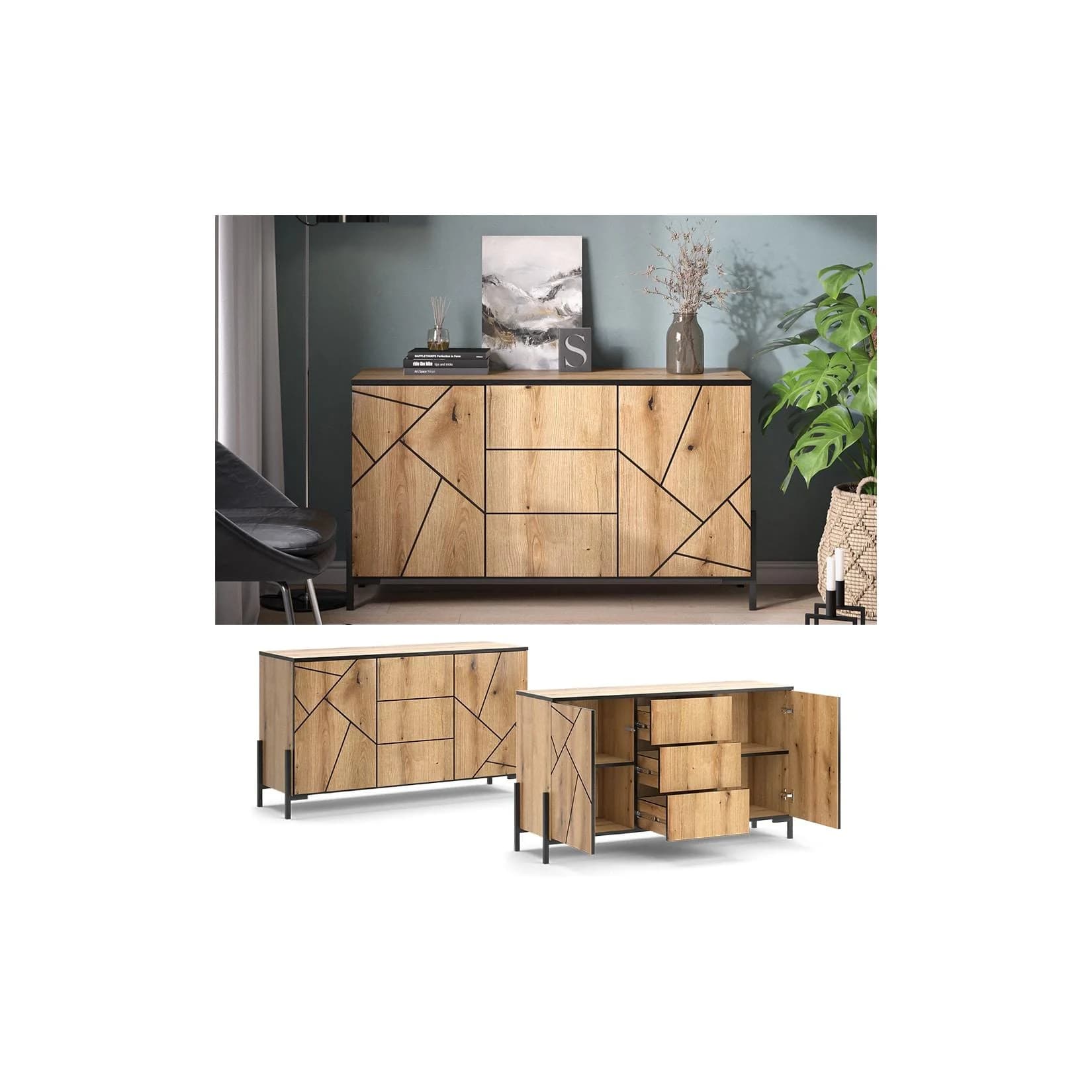 Vicco Sideboard Hatto Eiche-Evoke mit Push-to-Open