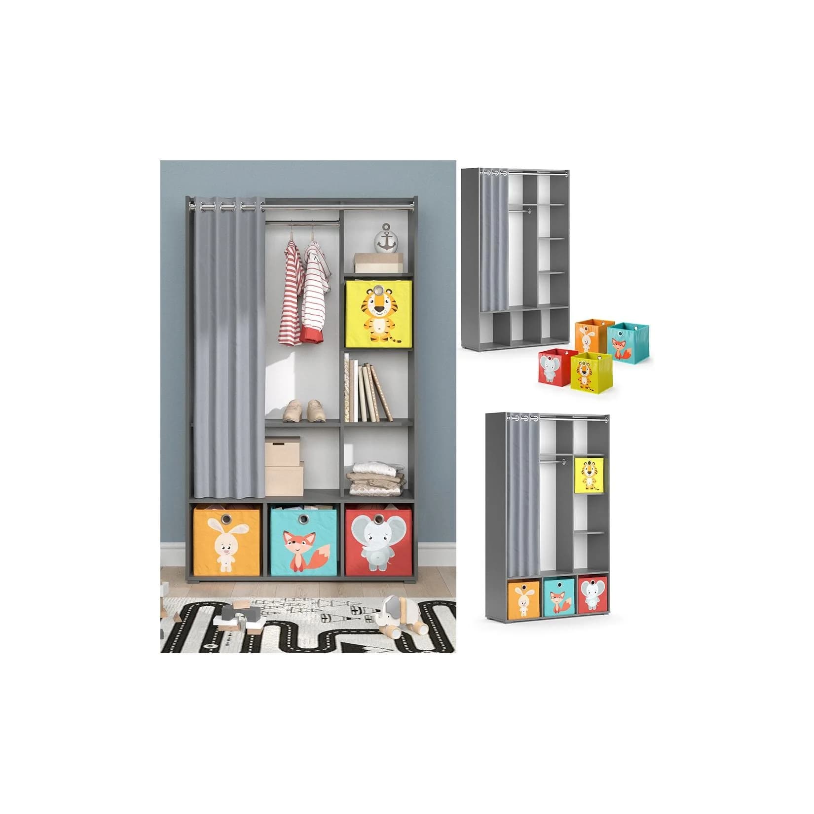 Vicco Kinderkleiderschrank Luigi Grau mit Vorhang und Faltboxen