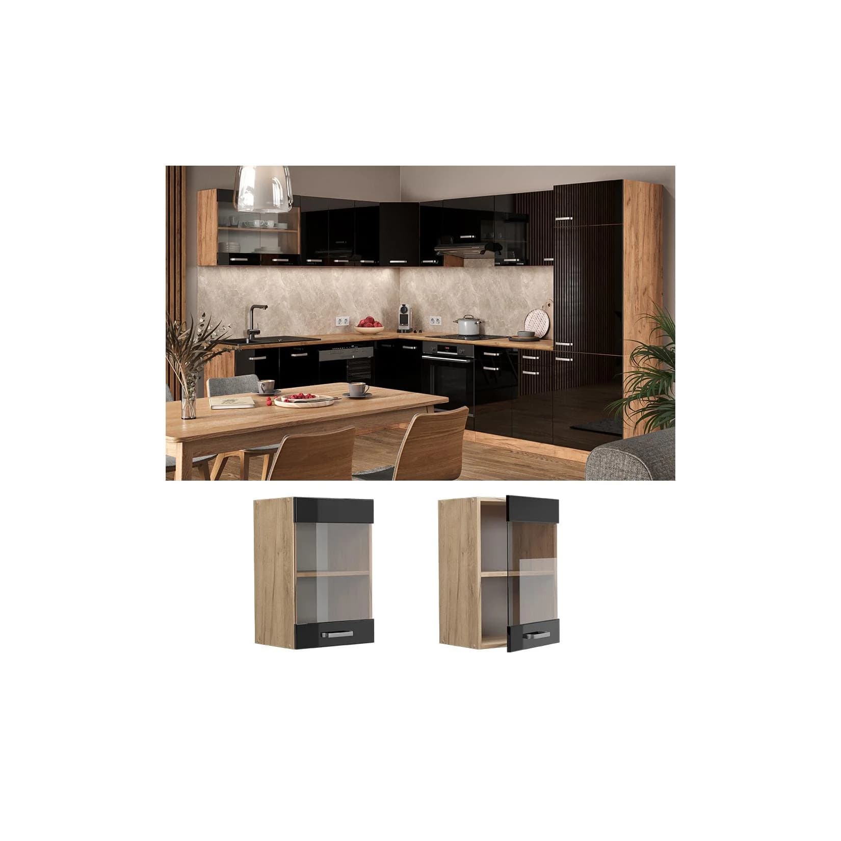 Vicco Glashängeschrank Küchenschrank R-Line Eiche Schwarz 40 cm