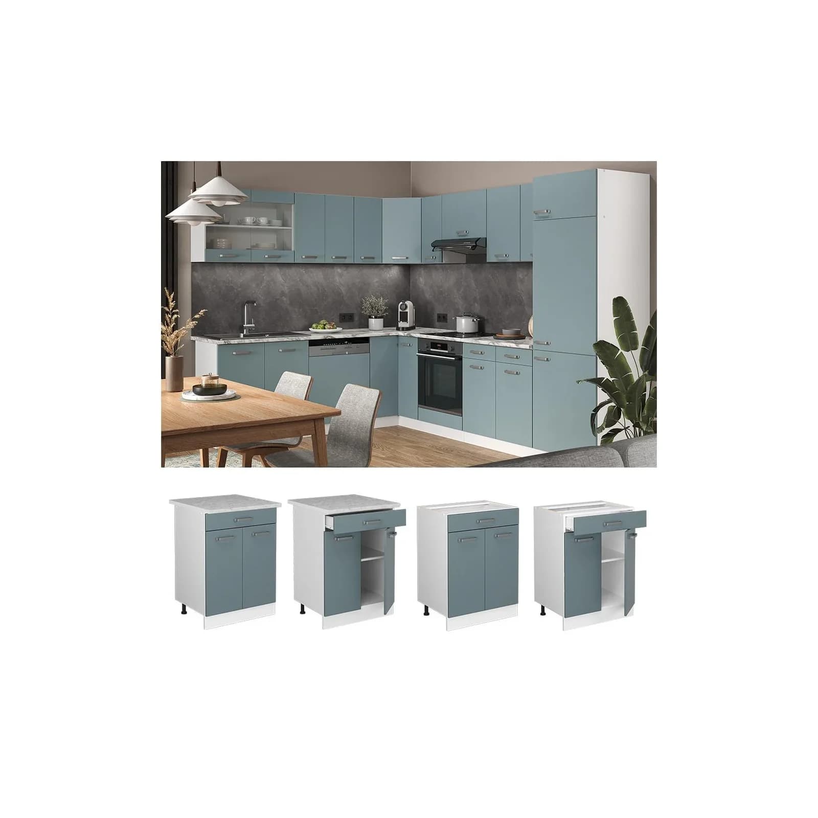 Vicco Unterschrank R-Line Blau-Grau Weiß 60 cm mit Schublade