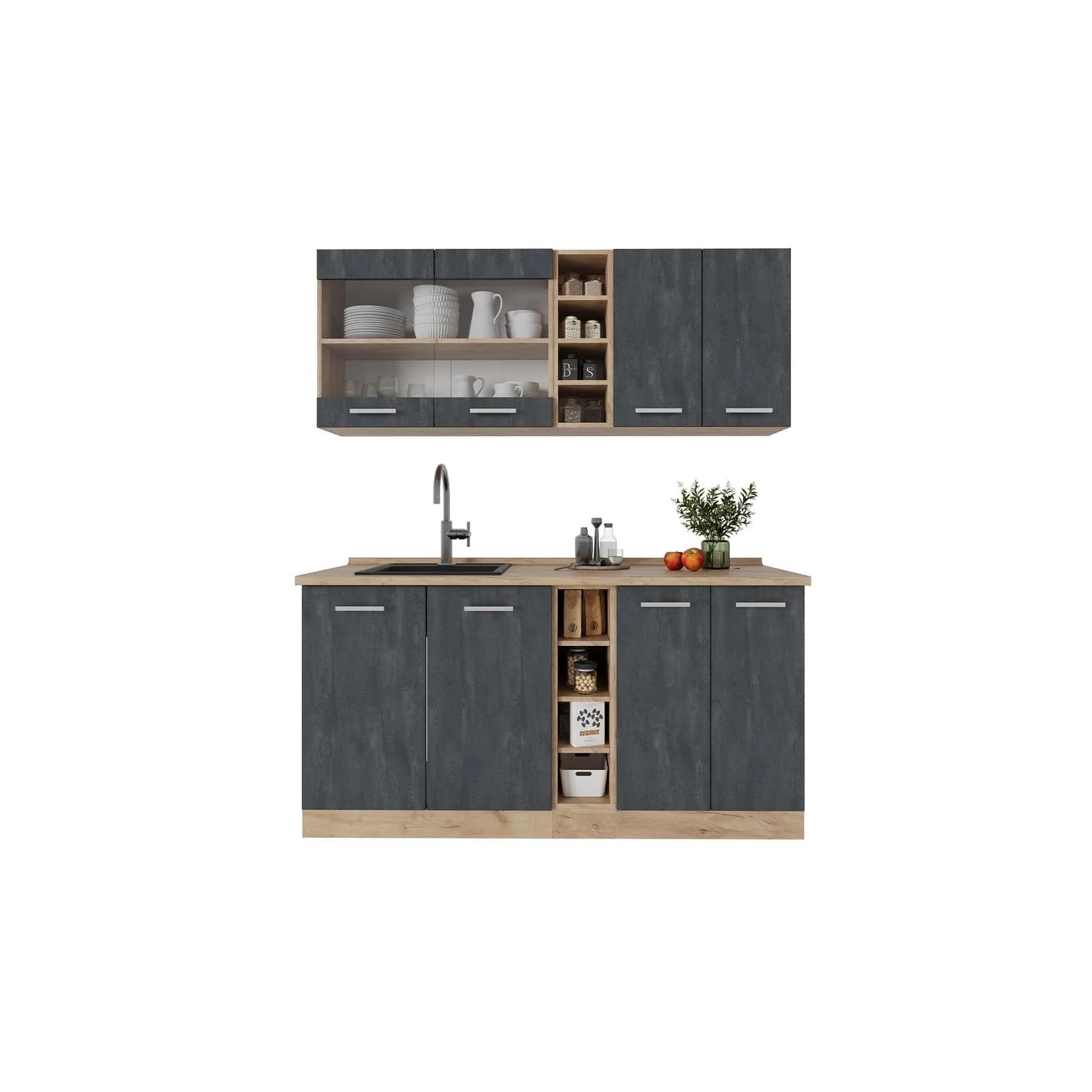 Vicco Singleküche R-Line 160 cm Schwarz Beton Eiche Anthrazit