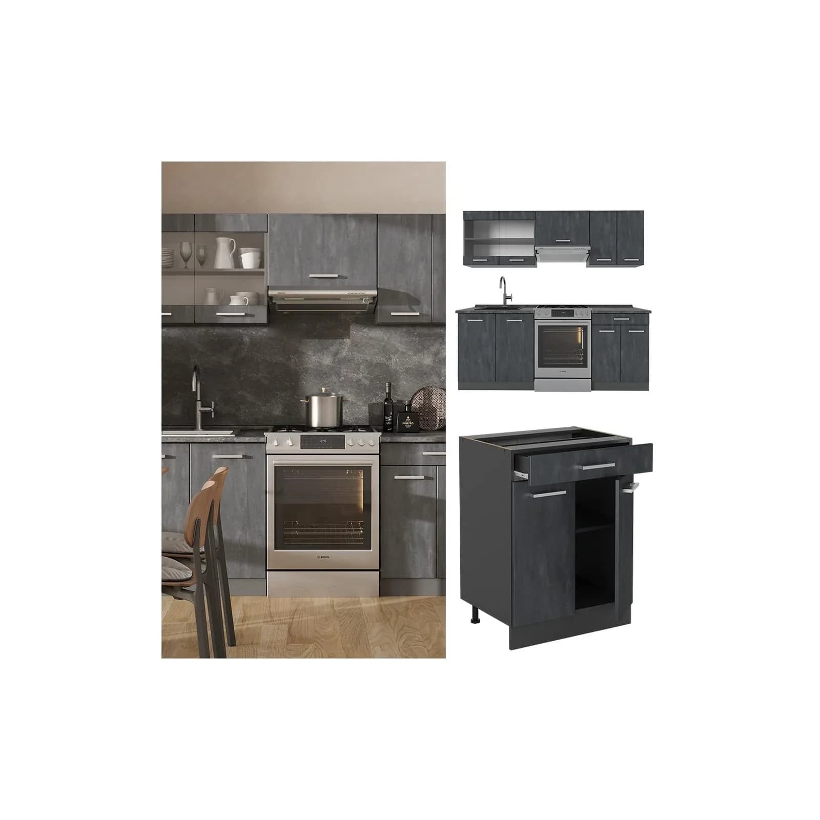 Vicco Küchenzeile R-Line 200 cm Schwarz Beton Anthrazit Weiß-Marmor