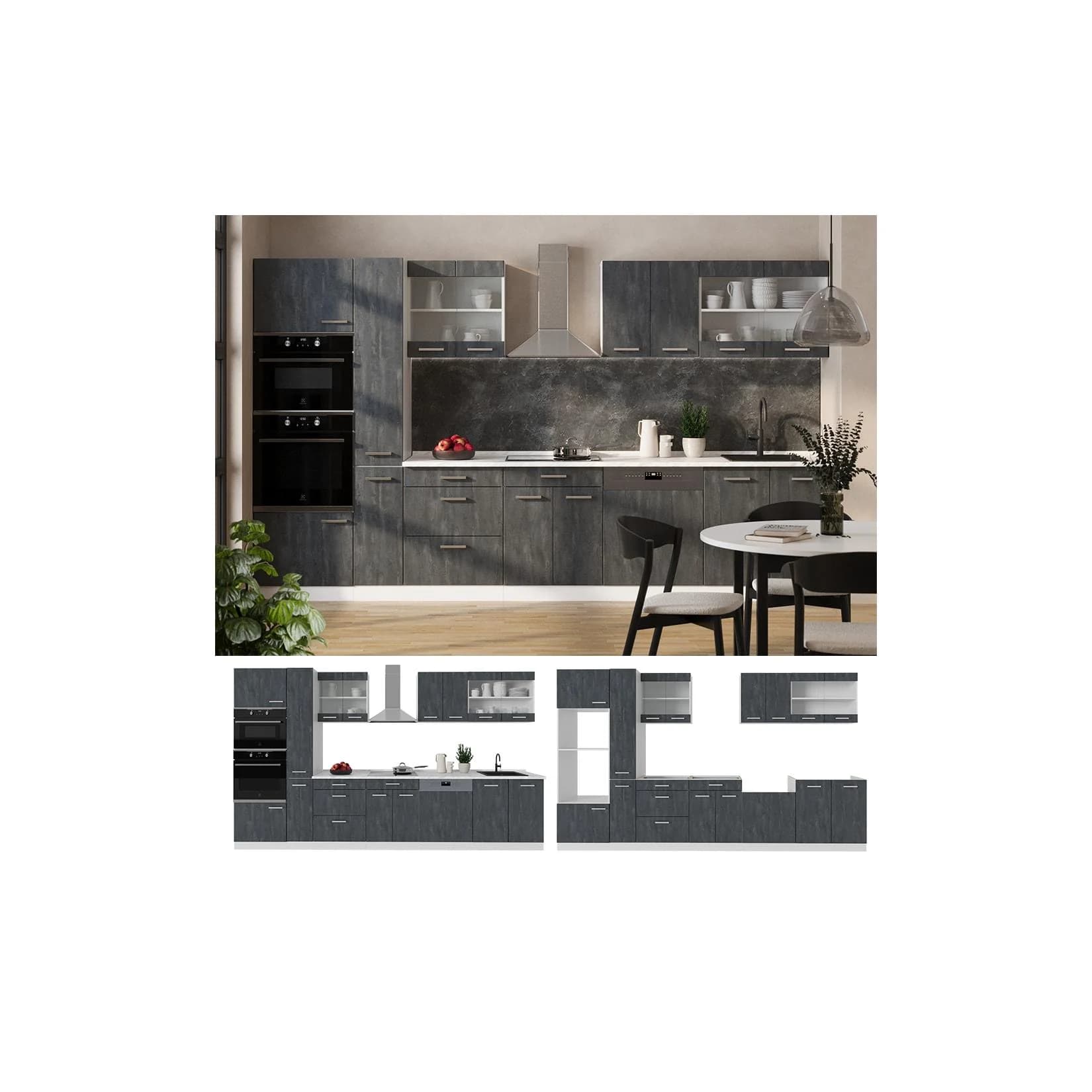 Vicco Küchenzeile R-Line 350 cm Schwarz Weiß Eiche Arbeitsplatte