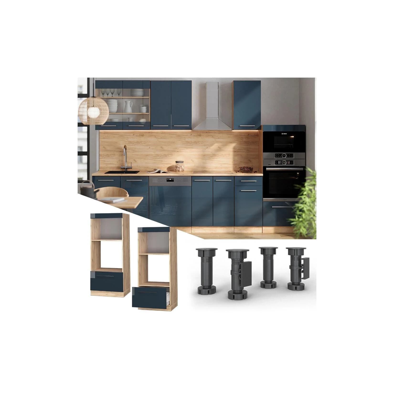 Vicco Mikrowellenschrank Fame-Line Eiche Dunkelblau Hochglanz 60 cm
