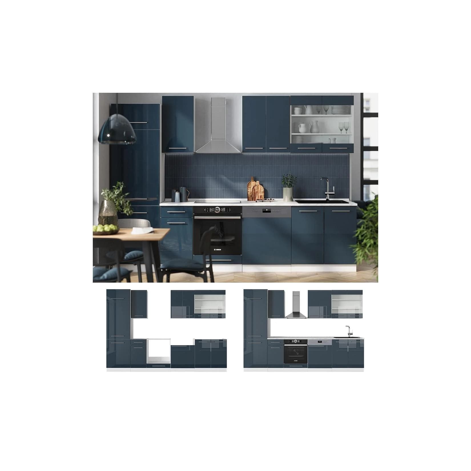 Vicco Küchenzeile Fame-Line Weiß Dunkelblau Hochglanz 300 cm