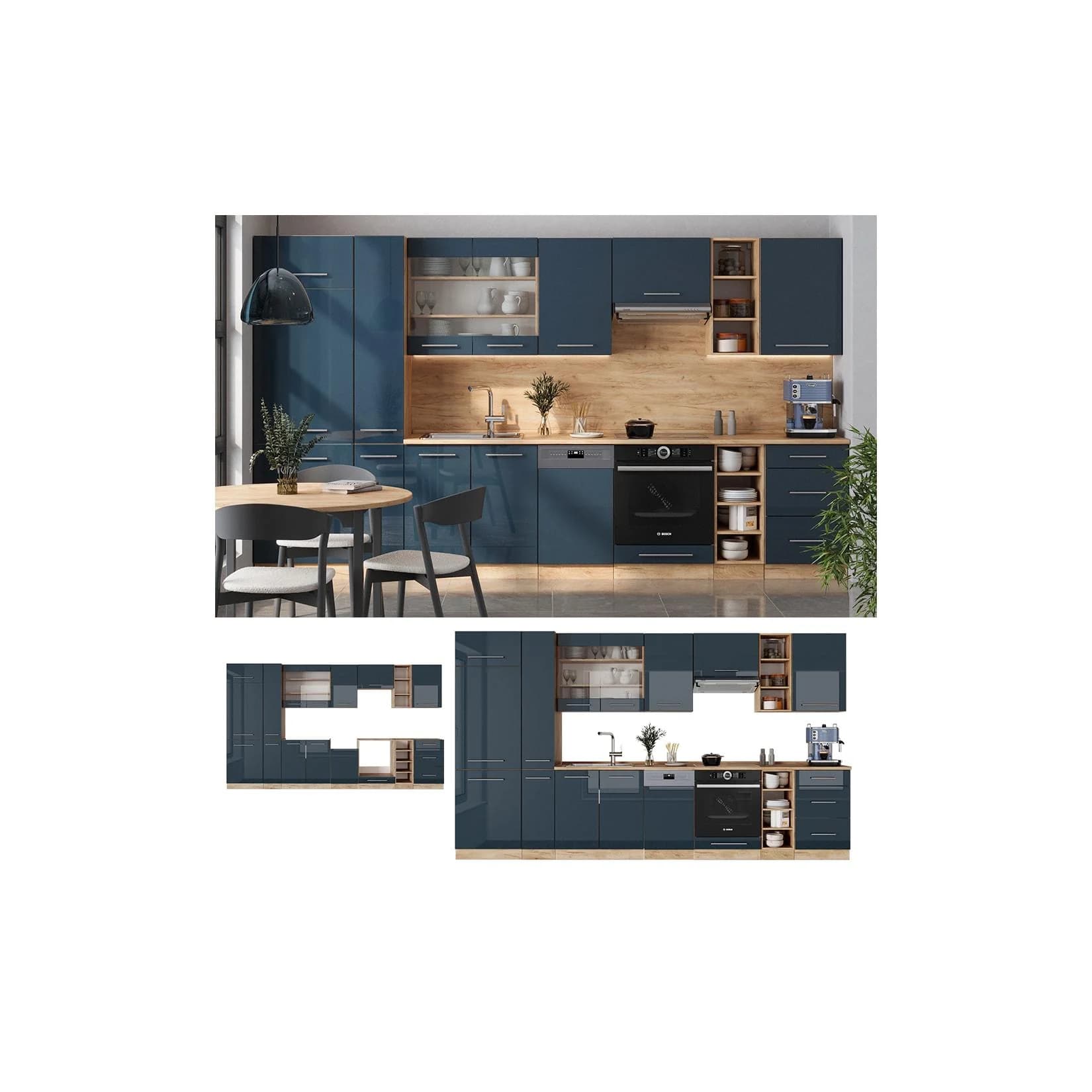 Vicco Küchenzeile Fame-Line Eiche Dunkelblau Hochglanz 355 cm Weiß-Marmor