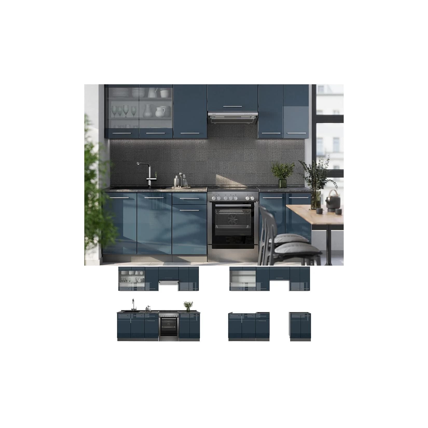 Vicco Küchenzeile Fame-Line Anthrazit Dunkelblau Hochglanz 240 cm