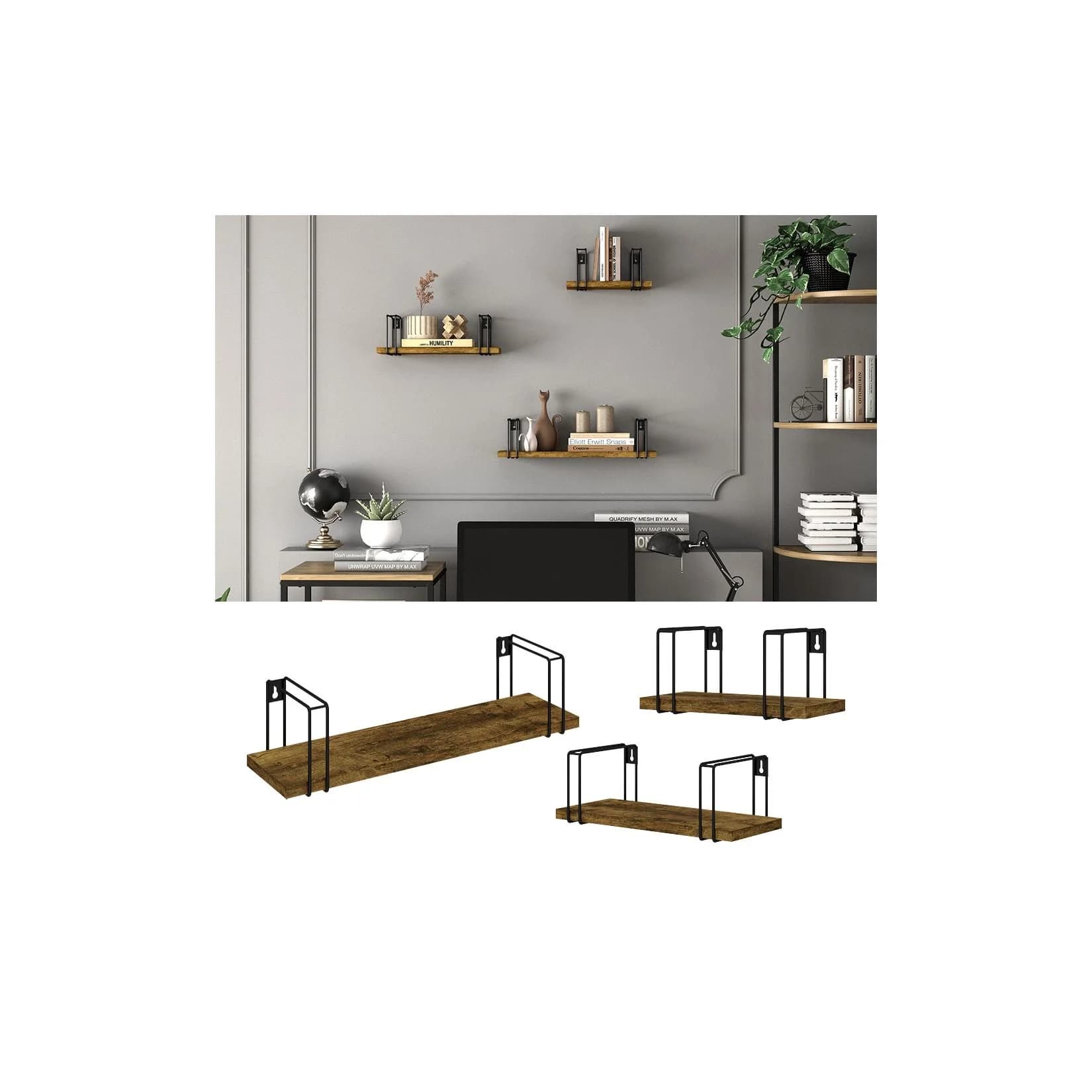 Vicco Wandregal Fyrk Schwarz 3-teilig Antikholz-Optik