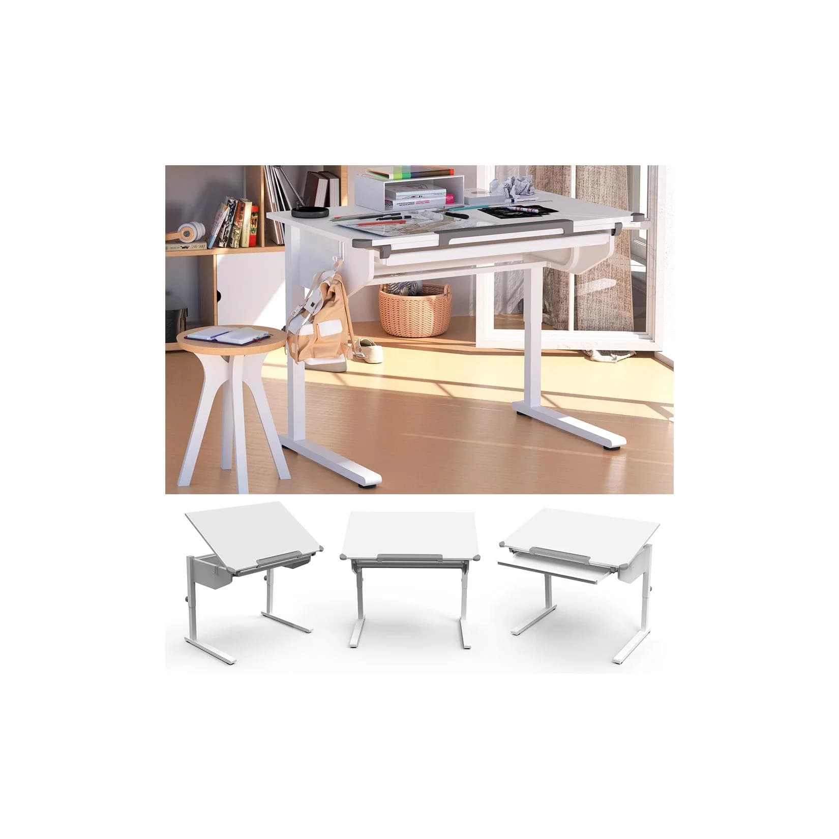 Vicco Schreibtisch Arc Weiß Höhenverstellbar mit Tastaturablage