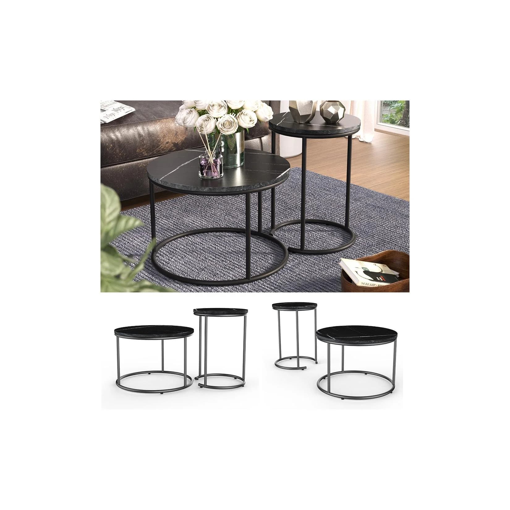 Vicco Couchtisch-Set 2-tlg. Schwarz Marmor-Optik Modern