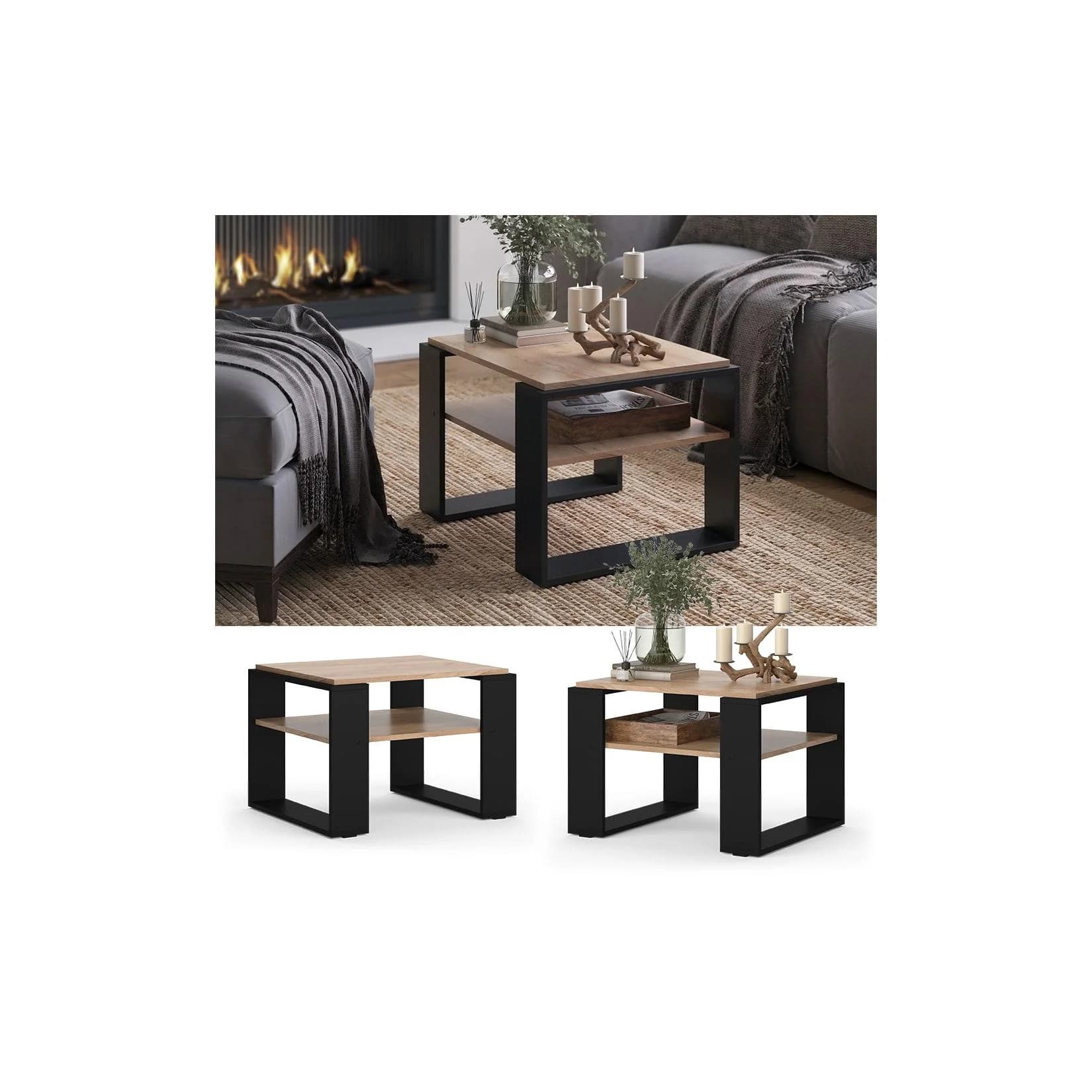 Vicco Couchtisch Helm mit Ablage Goldkraft Eiche Schwarz