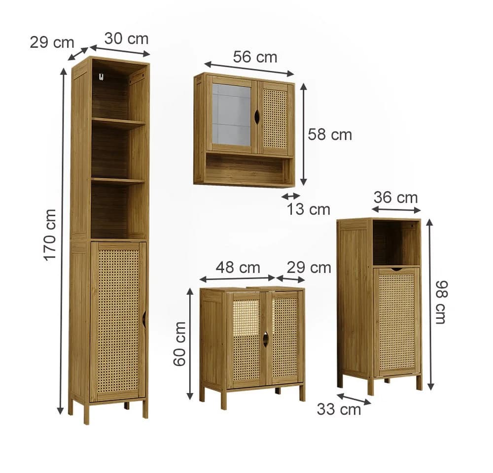 Vicco Badmöbel-Set Liora 4-teilig Bambus Glas Rattan