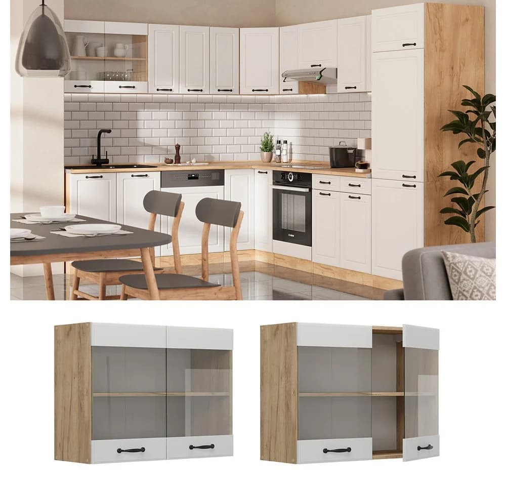 Vicco Glashängeschrank R-Line Weiß Landhaus Goldkraft Eiche