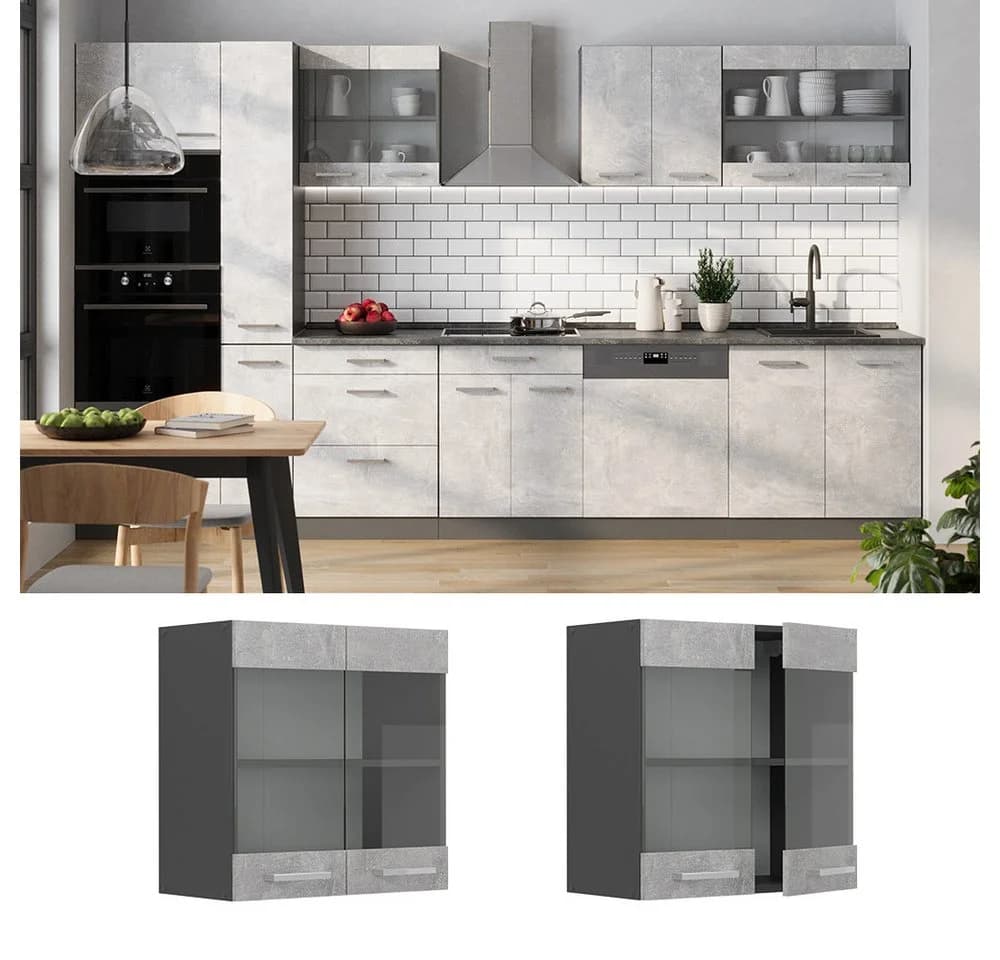 Vicco Glashängeschrank R-Line Beton/Anthrazit mit Glastüren