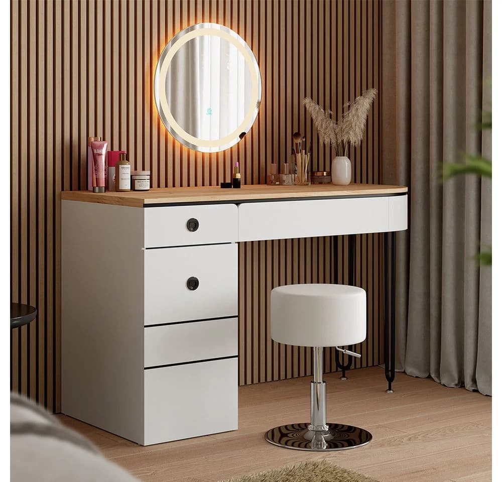 Vicco Schminktisch Mia Weiß/Naturholz 120 cm LED-Spiegel