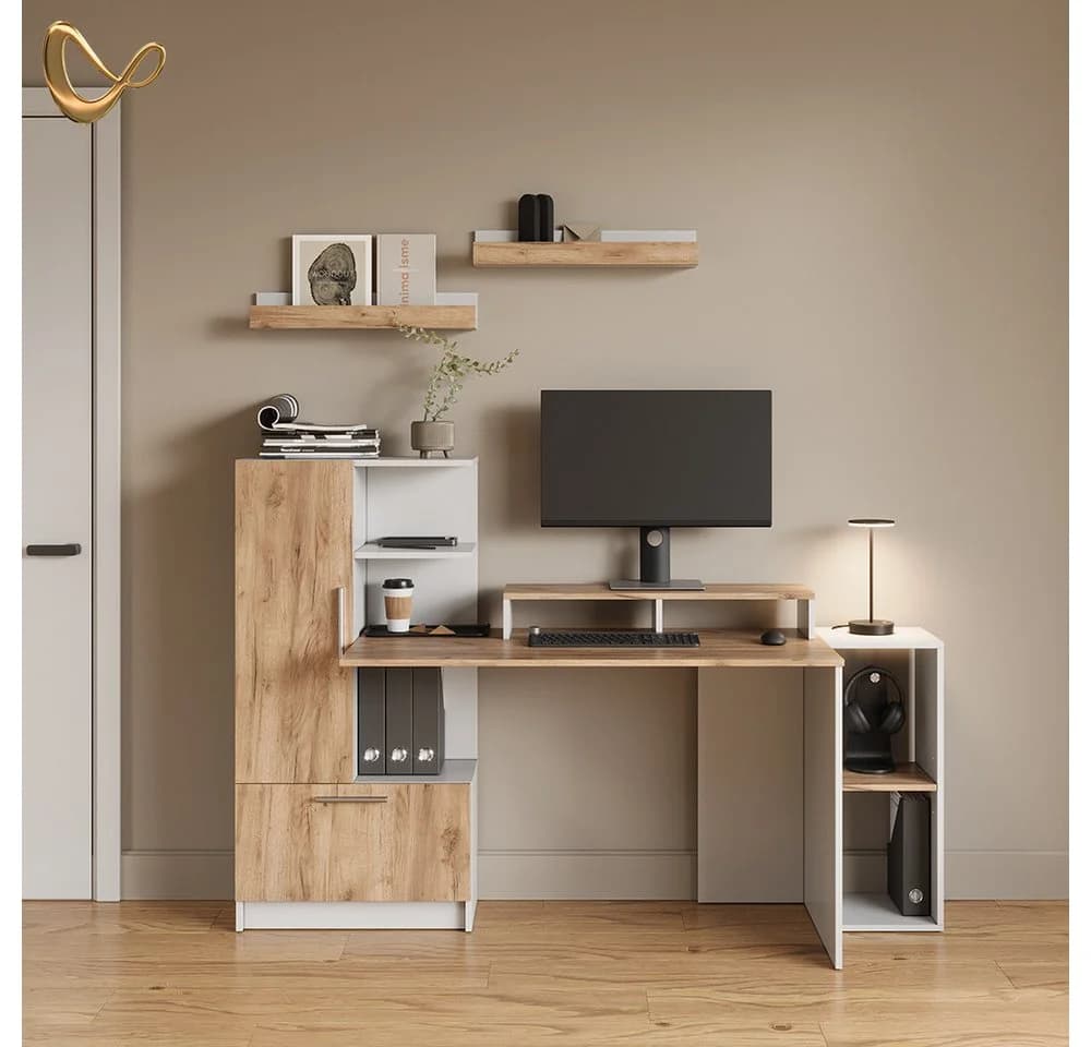 Livinity® Schreibtisch Lorena Weiß/Goldkraft Eiche 150 x 120.1 cm
