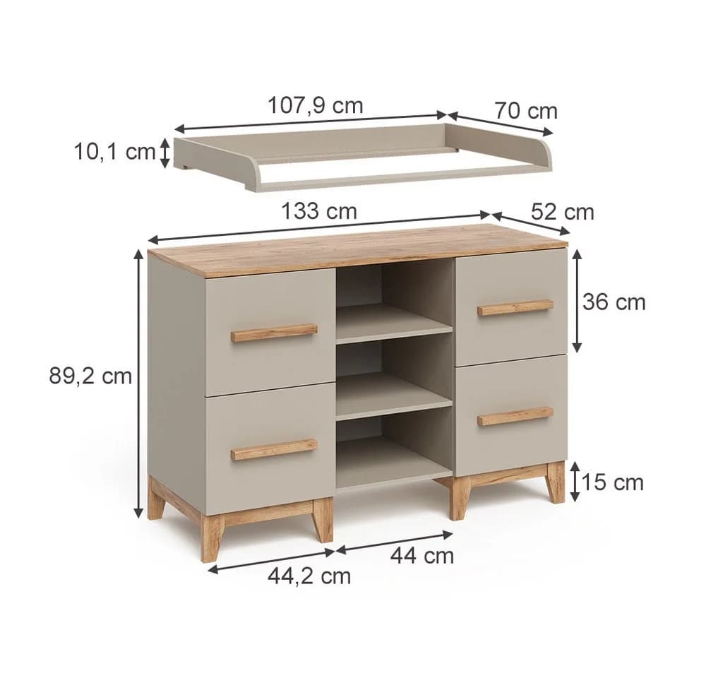 VitaliSpa® Wickelkommode Malia mit 4 Schubladen und abnehmbarer Auflage