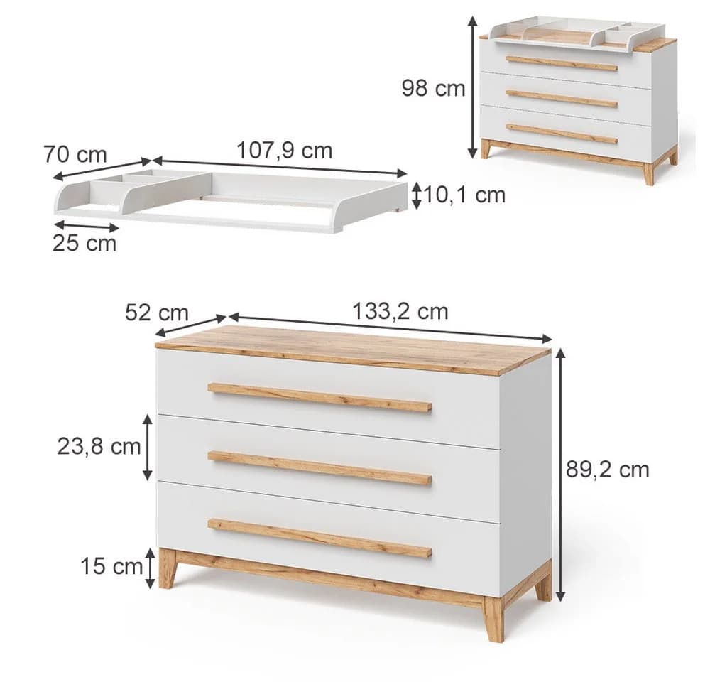 VitaliSpa® Wickelkommode Malia Weiß/Artisan 3 Schubladen