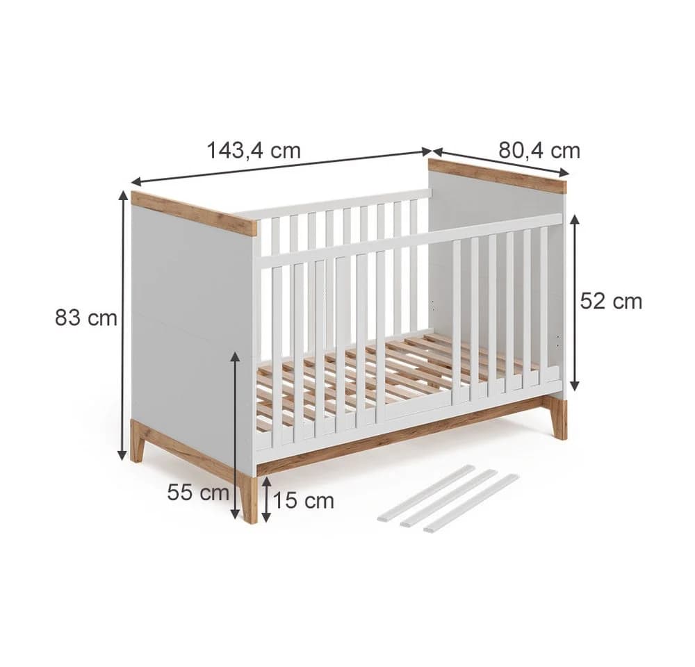 VitaliSpa® Babybett Malia Weiß/Artisan mit Matratze