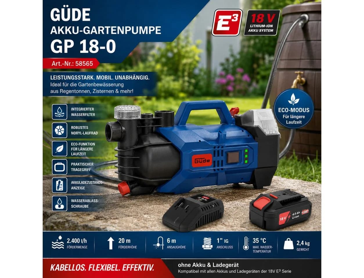 Güde Akku-Gartenpumpe GP 18-0 18 V mit Akku 4.0 Ah und Ladegerät