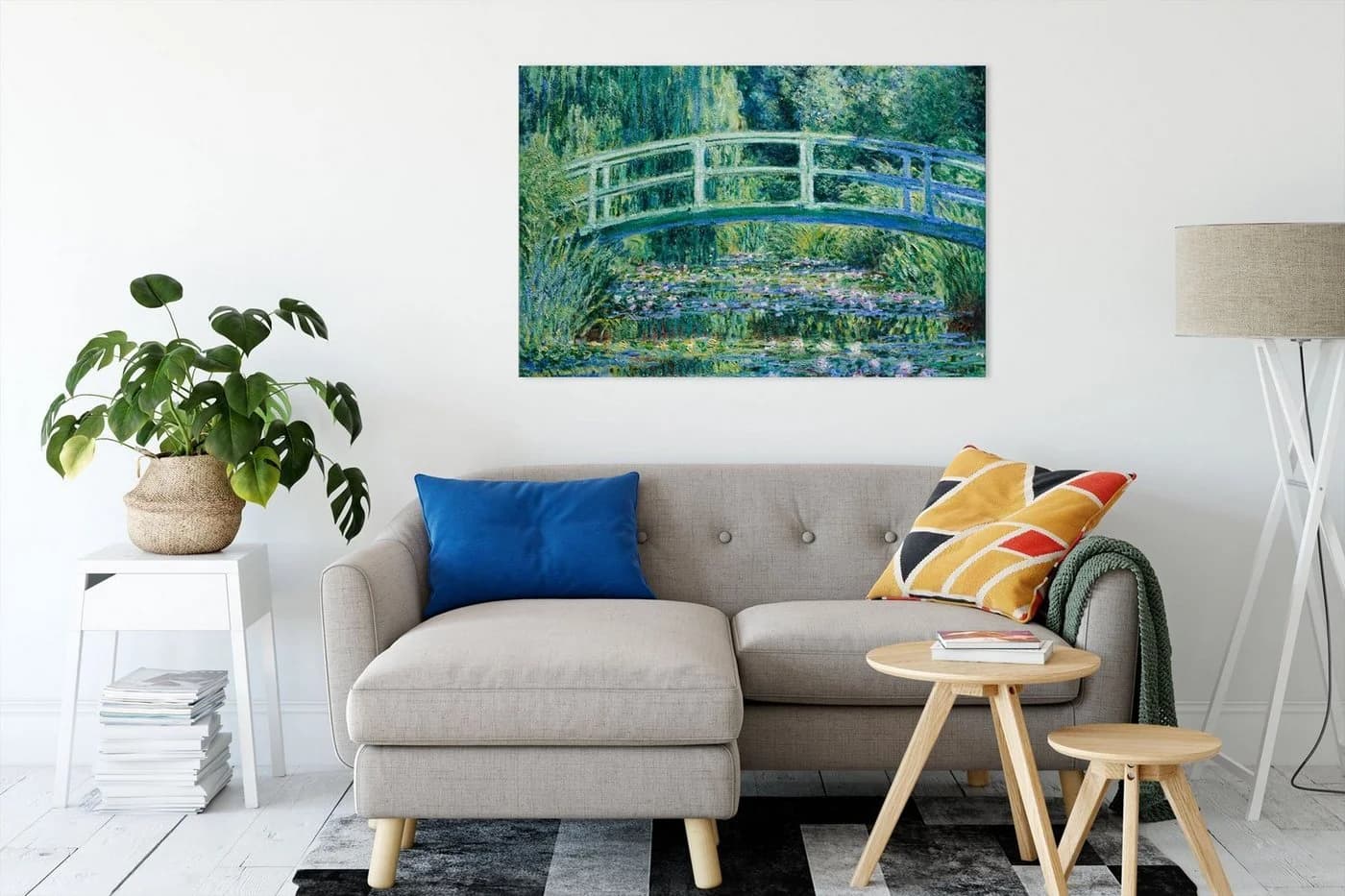 Pixxprint Leinwandbild Claude Monet Seerosen und japanische Brücke Bunt