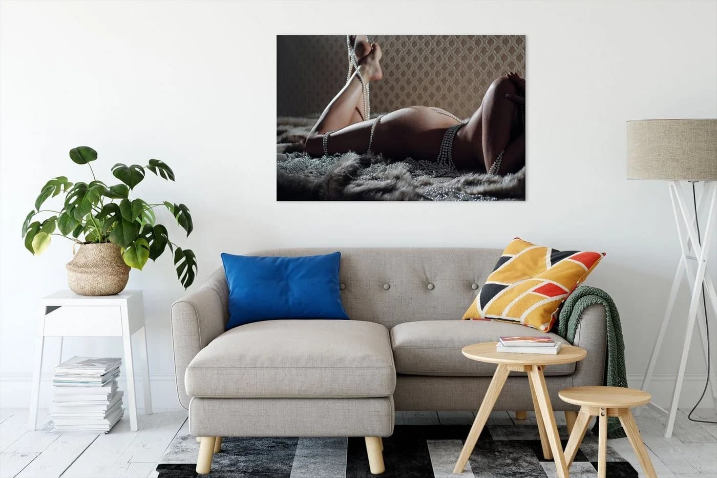 Pixxprint Leinwandbild Nackte Frau in Perlen Eingewickelt 120x80 cm