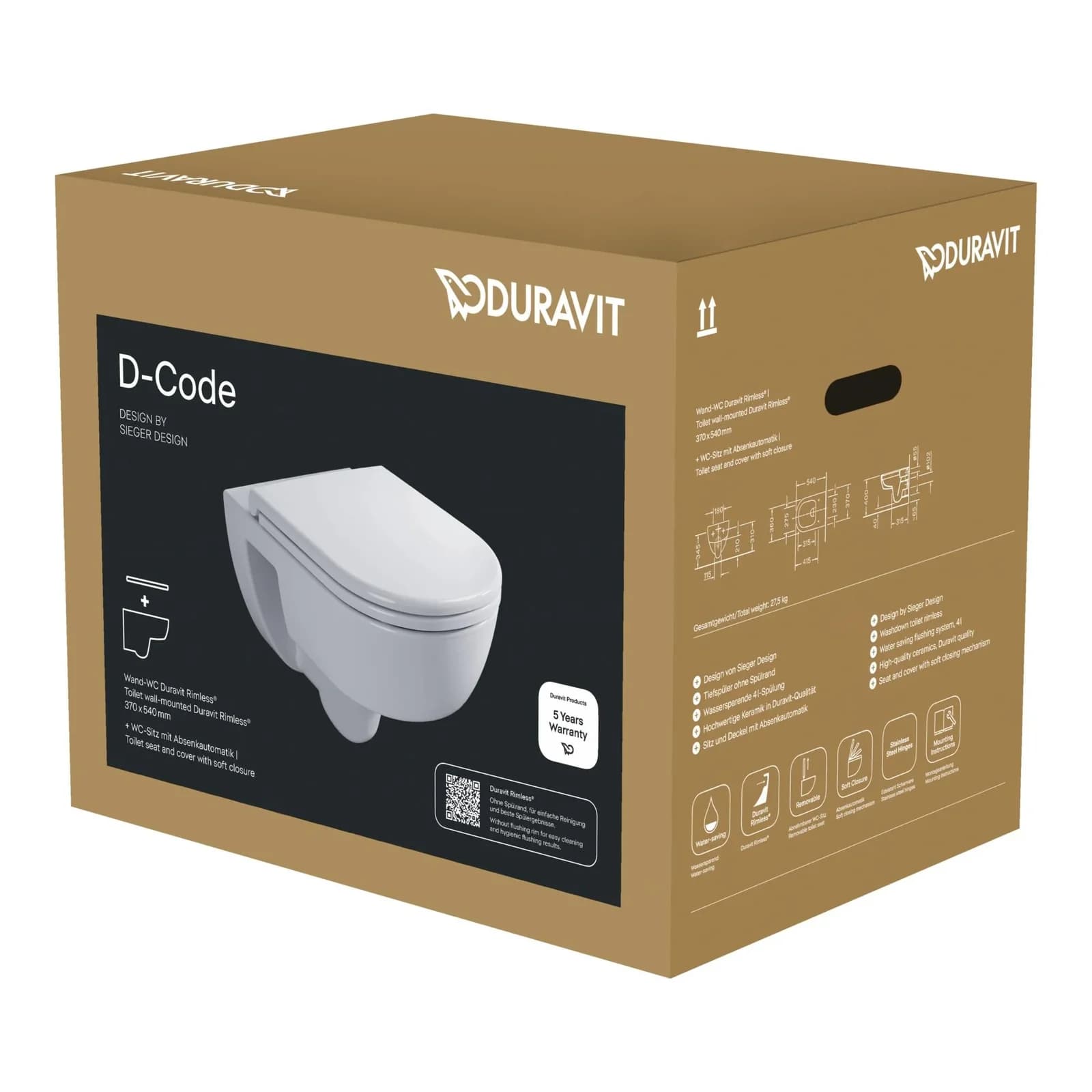 Duravit D-Code Wand-Tiefspül-WC-Set 45130900A1 mit Absenkautomatik, Rimless, weiß