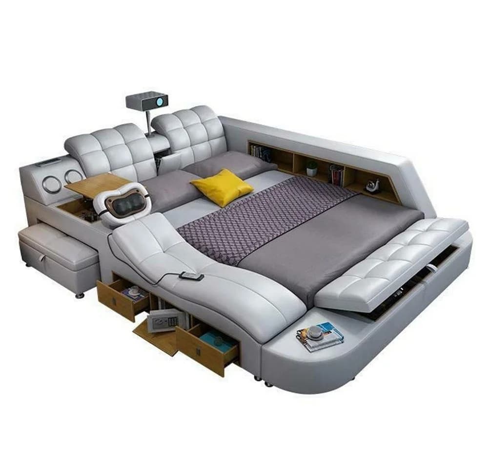 JVmoebel Multimediabett Deluxe Grau Kunstleder mit Massage & USB