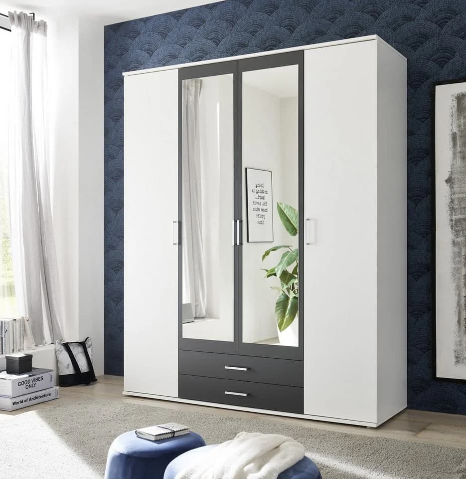 möbelando Kleiderschrank Hanau Weiß/Graphit mit Spiegeln und Schubladen