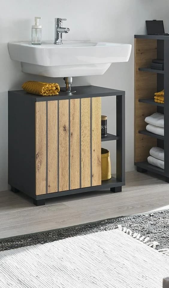 PREISBRECHER Waschbeckenunterschrank Nizza Eiche-Optik Graphit