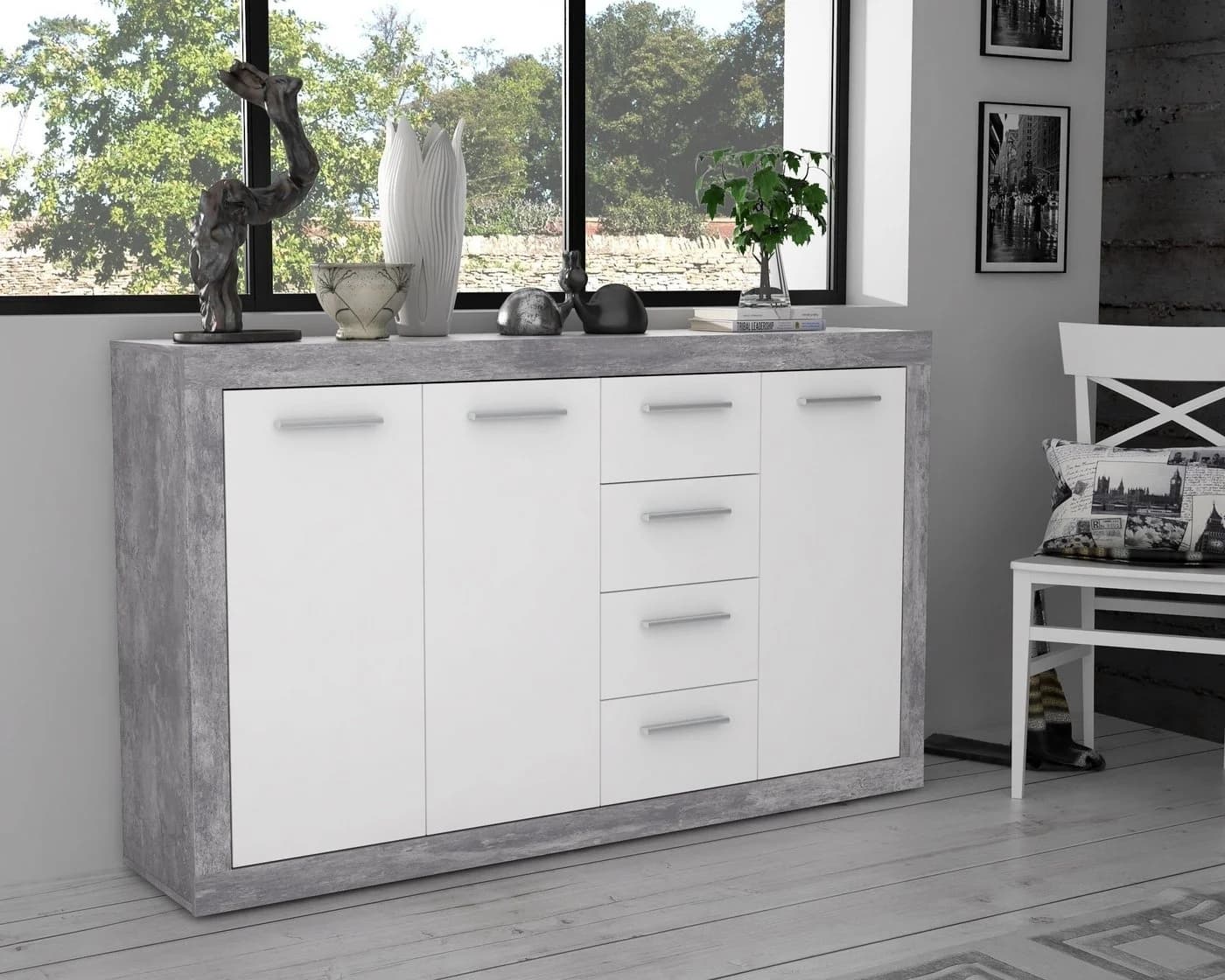 PREISBRECHER Sideboard BACCIO Betonoptik Grau/Weiß