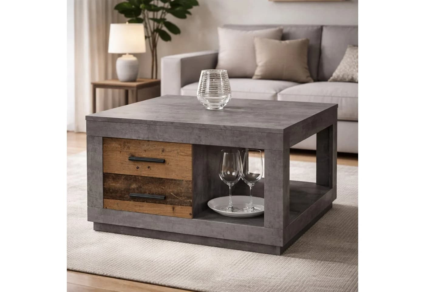 Couchtisch Fulda 2 Schübe betonoxid Old Style 80x45,6x80cm