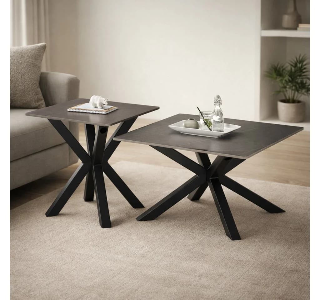 möbelando Couchtisch Janin 2er-Set Keramik Steinoptik Grau Schwarz