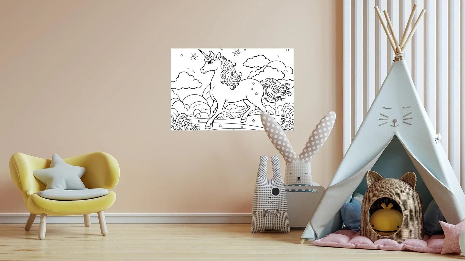 QUEENCE Wandsticker Einhorn Blumenwiese Weiß DIY zum Ausmalen