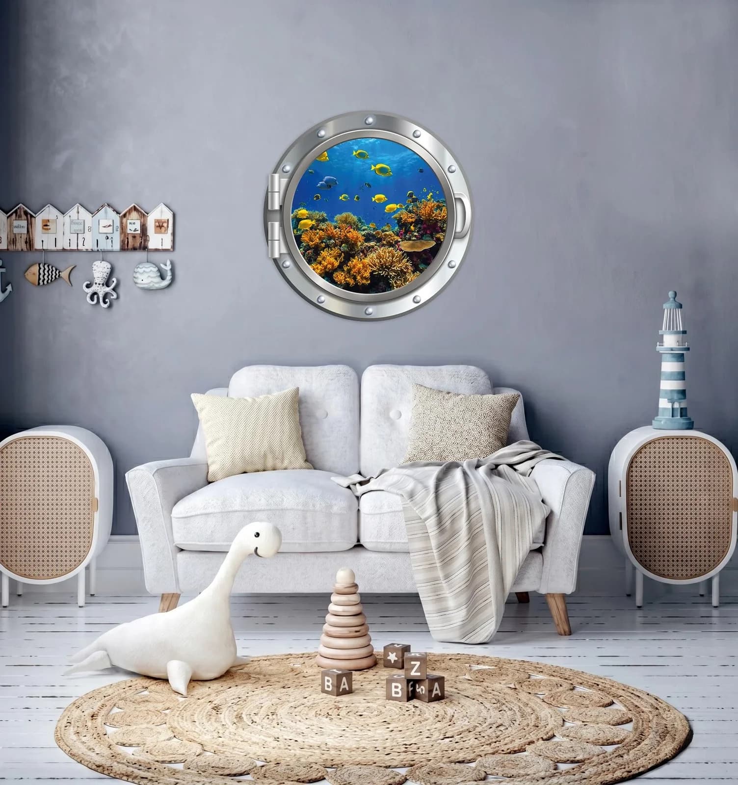 QUEENCE Wandsticker 3D Bullauge Unterwasserwelt Korallen Silber