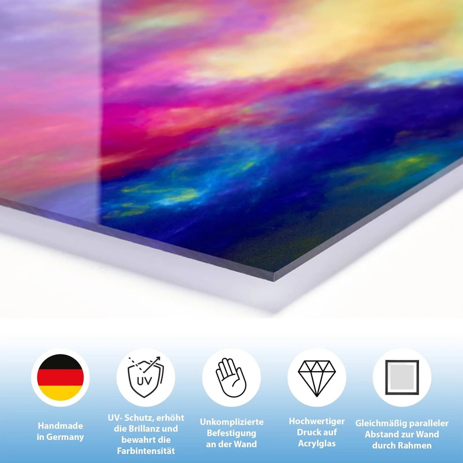 QUEENCE Acrylglasbild blaues Auge Blattgold Schwarz Gold Grau Blau