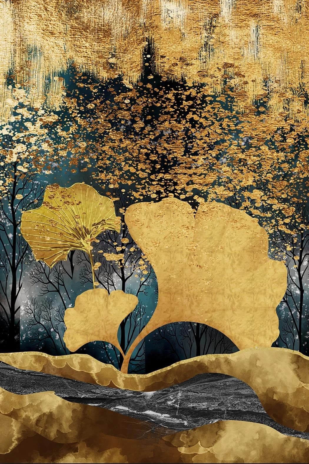 QUEENCE Leinwandbild Ginkgo in Gold, Handbespannt auf Keilrahmen