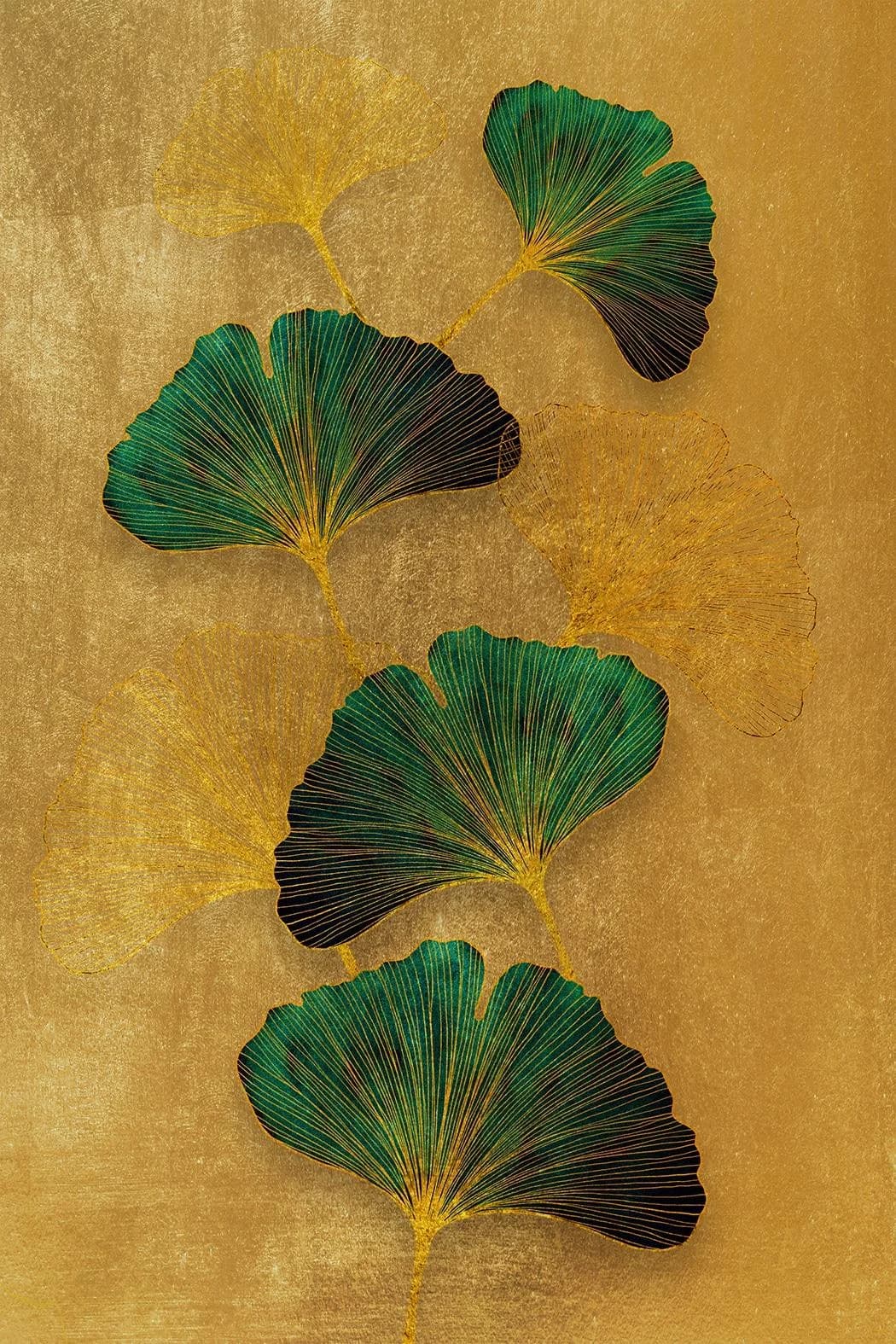 QUEENCE Leinwandbild Ginkgo Blätter Gold Gelb Grün 80x120 cm