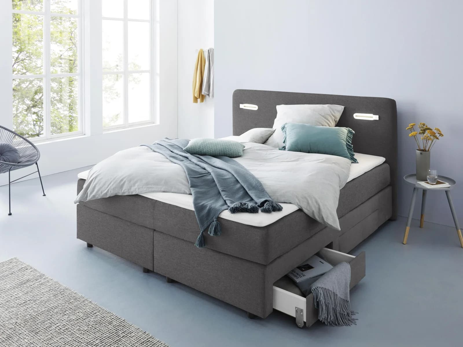 Boxbett HOME AFFAIRE Luan Anthrazit mit LED, Schubkästen und Matratze
