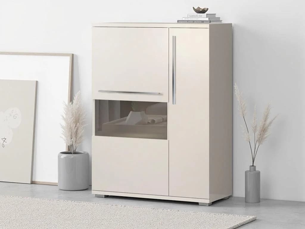 OTTO HOME Highboard Piano Vitrine Beige Hochglanz mit Soft-Close