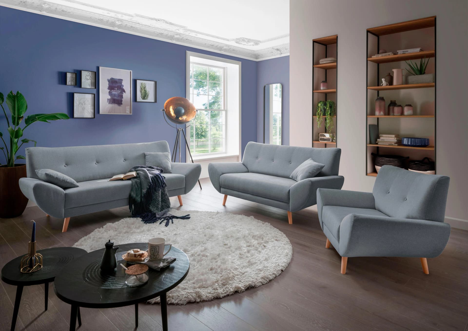 HOME AFFAIRE Polstergarnitur Basta 3-tlg. Hellblau Polyester