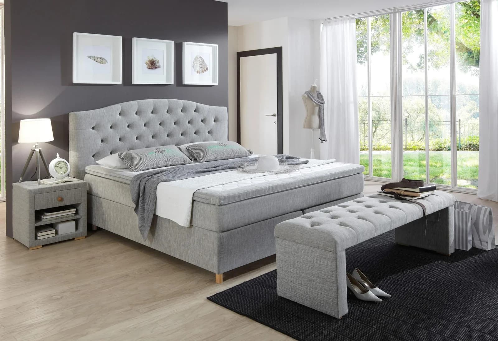 HOME AFFAIRE Boxspringbett Claire hellgrau mit Topper
